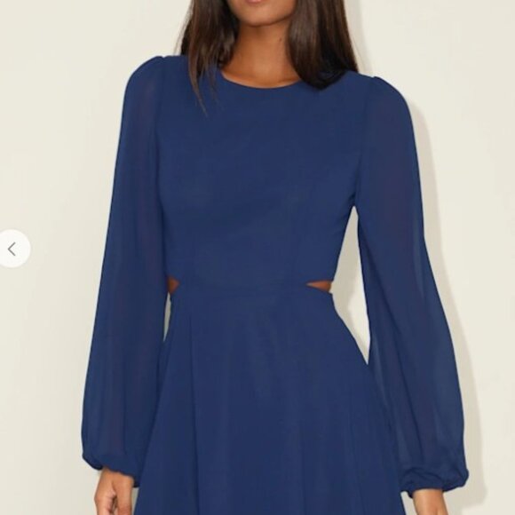 Lulus Garden Bliss Dark Blue Long Sleeve Cutout Mini Dress - Size M - Picture 4 of 4